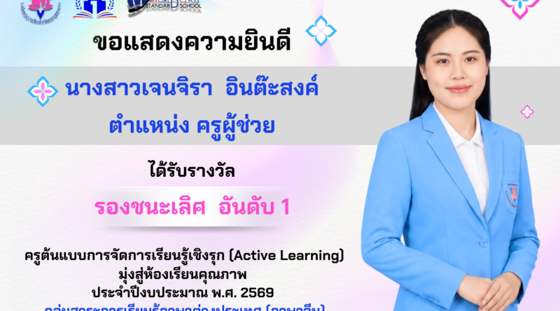 ขอแสดงความยินดีครูผู้สอนได้รับรางวัลครูต้นแบบการจัดการเรียนรู้เชิงรุก (Active Learning) ประจำปีงบประมาณ 2569 สำนักงานเขตพื้นที่การศึกษาประถมศึกษาพะเยา เขต ๒